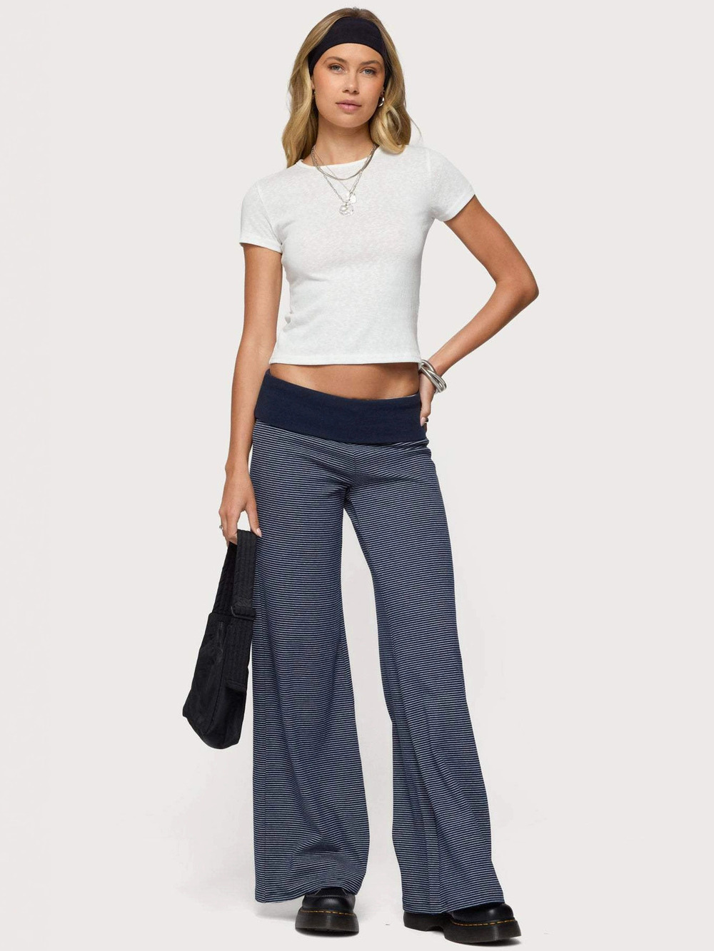 Zara New Casual Striped Cuffed Waist Low Rise Loose Straight Pants